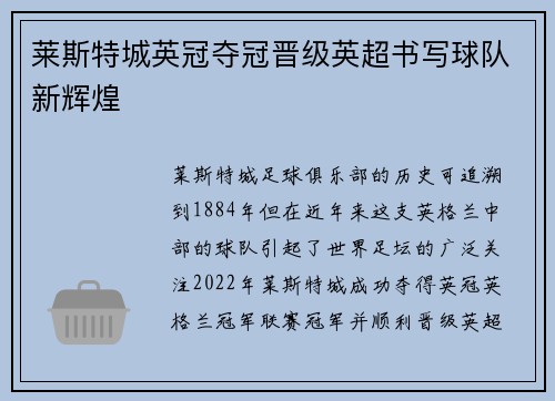 莱斯特城英冠夺冠晋级英超书写球队新辉煌